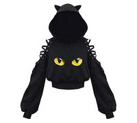 Qtinghua Damen Cute Cat Ear Crop Top Halloween Oversized Hoodie Short Off Shoulder Hollow Out Langarm Pullover Schwarz Punk Gothic Sweatshirts, Augen, M