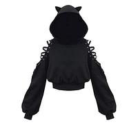 Qtinghua Damen Cute Cat Ear Crop Top Halloween Oversized Hoodie Short Off Shoulder Hollow Out Langarm Pullover Schwarz Punk Gothic Sweatshirts, Schwarz , L