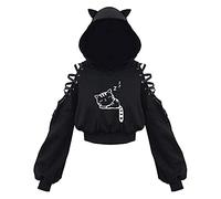 Qtinghua Damen Cute Cat Ear Crop Top Halloween Oversized Hoodie Short Off Shoulder Hollow Out Langarm Pullover Schwarz Punk Gothic Sweatshirts, Kleine Katze, M