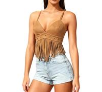 Qtinghua Damen Western-Fransen-Weste, Top, Wildleder-Effekt, Cowgirl-Mieder mit Quasten, Nieten, ärmellos, V-Ausschnitt, Spaghettiträger, Festival, Party, bauchfreies Top, hellbraun, M