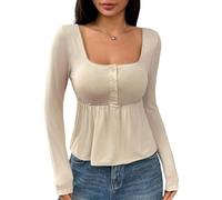Qtinghua Langärmeliges Babydoll-Crop-Top, quadratischer Ausschnitt, Picot-Besatz, Rüschen, Schößchen, Knopfleiste, niedliches Y2K-Ausgeh-T-Shirt, khaki, S