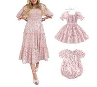 Qtinghua Mommy and Me Sommerkleid, quadratischer Ausschnitt, Puffärmel, Maxikleid für Mutter und Tochter, passende Familien-Outfits, Blumenmuster in Pink, X-Large