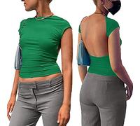 Qtinghua Y2K Damen Sexy rückenfreies bauchfreies Top Vintage Cut Out Slim Fit Rundhalsausschnitt Mode Multi Way Wear Casual T-Shirts, Kurzärmlig, Grün, X-Large