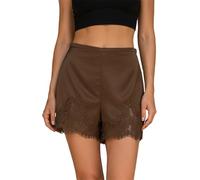 Qtinghua Y2k Damen-Shorts aus Satin-Seide, Spitzenbesatz, niedrige Taille, Mikro-Mini-Boxershorts, Höschen, Teenager, Mädchen, niedlich, kokett, Lounge-Pyjama, Dunkelbraun, S