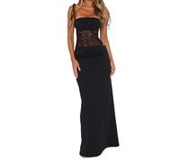 Qtinghua Zweiteiliges Rock-Set für Damen, Y2K, Sommer-Outfits, durchscheinende Spitze, Patchwork, Schnürband, ärmelloser Body und Rock, Set, Club, Party, Streetwear, Schwarz , S