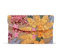 QTKJ Umschlag Paket, Clutch Geldbörsen für Frauen, Pailletten bestickte Blumen Stroh Tasche, Bohemian Handmade Handtaschen, Strandtasche für Urlaub, Reisen, Bankett (Orange Blume), Khaki