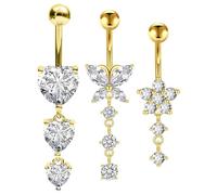 QttvbTna 3stk Bauchnabelpiercing Chirurgenstahl, Gold Bauchpiercing Chirurgenstahl Herz Schmetterling Anhänger Bauchpiercing Piercing Bauchnabel Schmuck für Frauen