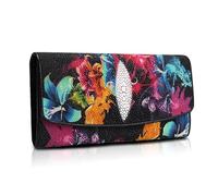 QTYQWC Bunte Blumen, magnetischer Knopfverschluss, echtes Rochenleder, Damen-Kartenhalter, Geschenk-Geldbörse für Frauen, große dreifach Faltbare Geldbörse