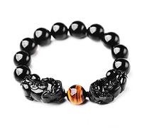 QTYQWC Feng Shui schwarzes Obsidian-Armband, natürlicher Obsidian, Doppel-Pixiu-Pi-Yao-Tigerauge-Stein-Transferperlen-Armband für Glück, mutiger Glücksreichtum