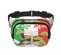 Quadratische doppellagige Hüfttasche mit Mexiko-Flagge und Tequila, Gürteltasche mit verstellbarem Riemen, Laufen, Reisen, Wandern, Schwarz , Einheitsgröße