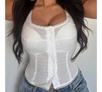 Quadratischer Ausschnitt strukturierter Stoff Spitzen-Patchwork figurbetontes kurzes Camisole Top Urlaubsstil elegante Bluse Damen Große Größen weißes