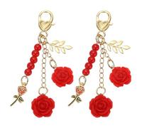 QUARKZMAN 2 Stück Rosen Schlüsselanhänger Charm, Handtaschen Charm Rosen Schlüsselanhänger Blume Handtasche Schlüsselanhänger Mit Kette Quaste Für Frauen Handtasche Geldbörse, Rot