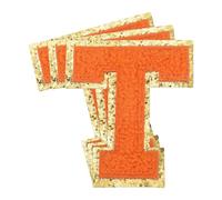 QUARKZMAN 3 Stück Buchstaben zum Aufbügeln, 70 mm Selbstklebende Chenille Buchstaben T mit Glitzer-Goldrand, Gestickter Patch zum Aufbügeln für Kleidung, Taschen, Hut, DIY (Orange)