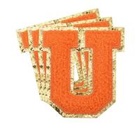 QUARKZMAN 3 Stück Buchstaben zum Aufbügeln, 80 mm Selbstklebende Chenille Buchstaben U mit Glitzer-Goldrand, Gestickter Patch zum Aufbügeln für Kleidung, Taschen, Hut, DIY (Orange)