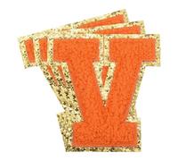 QUARKZMAN 3 Stück Buchstaben zum Aufbügeln, 80 mm Selbstklebende Chenille Buchstaben V mit Glitzer-Goldrand, Gestickter Patch zum Aufbügeln für Kleidung, Taschen, Hut, DIY (Orange)