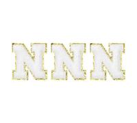 QUARKZMAN Chenille Aufbügler Buchstaben Patches und Aufnäher in großer Größe 80mm/3,15 Zoll zum Aufbügeln, goldene glitzernde gestickte Aufnäher für Kleidung, Packung mit 3 Stück (Weiß)