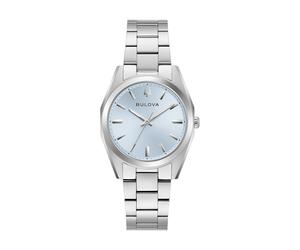 Quarzuhr BULOVA "Surveyor", silber (silberfarben, hellblau), Armbanduhren, Damen, Quarzuhr, Armbanduhr, Damenuhr, Edelstahlarmband, analog (69018712-0) silberfarben, hellblau