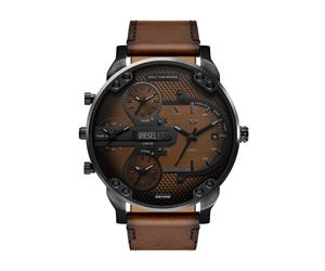 Quarzuhr DIESEL "MR. DADDY SLIM", schwarz (braun, schwarz), Armbanduhren, Damen, Quarzuhr, Armbanduhr, Herrenuhr, Lederarmband, analog, Tag, mehrere Zeitzonen (27293108-0) braun, schwarz
