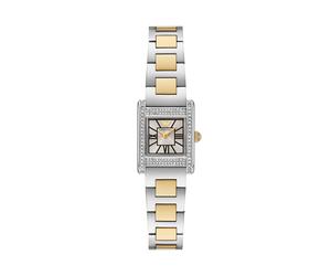 Quarzuhr EMPORIO ARMANI, gold (edelstahlfarben, gelbgoldfarben, schwarz), Armbanduhren, Damen, Quarzuhr, Armbanduhr, Damenuhr, Edelstahlarmband, analog, Glassteine (85081613-0) edelstahlfarben, gelbgo