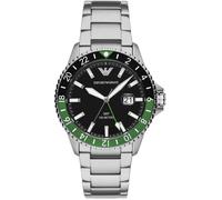 Quarzuhr EMPORIO ARMANI, silber (silberfarben, schwarz), Armbanduhren, Damen, Quarzuhr, Armbanduhr, Herrenuhr, Datum, GMT, bis 10 bar wasserdicht, Edelstahl (14656938-0) silberfarben, schwarz