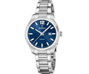 Quarzuhr FESTINA "Classic Steel", blau (silberfarben, blau), Armbanduhren, Damen, Quarzuhr, Armbanduhr, Damenuhr, Edelstahlarmband, analog, Tag (47182739-0) silberfarben, blau