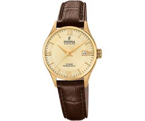 Quarzuhr FESTINA, gold (dunkelbraun), Armbanduhren, Damen, Quarzuhr, Armbanduhr, Damenuhr, Swiss Made, Lederarmband, analog, Datum (40004862-0) dunkelbraun