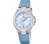 Quarzuhr FESTINA "Mademoiselle", blau (hellblau), Armbanduhren, Damen, Quarzuhr, Armbanduhr, Damenuhr, Lederarmband, analog, Tag, Zirkonia (synth.) (61132514-0) hellblau