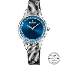 Quarzuhr FESTINA "Mademoiselle", blau (silberfarben, blau), Armbanduhren, Damen, Quarzuhr, Armbanduhr, Damenuhr, Edelstahlarmband, Ø 30 mm (43503143-0) silberfarben, blau