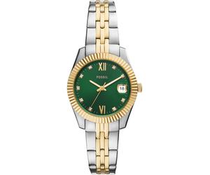 Quarzuhr FOSSIL "Scarlette", gold (silberfarben, goldfarben, dunkelgrün), Armbanduhren, Damen, Quarzuhr, Armbanduhr, Damenuhr, Edelstahlarmband, analog, Tag, Glassteine (55692300-0) silberfarben, gold