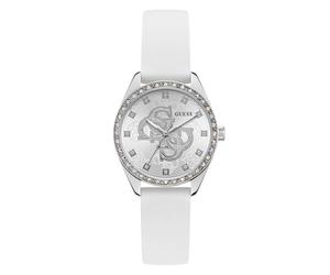 Quarzuhr GUESS "AVA", weiß, silberfarben, Armbanduhren, Damen, Quarzuhr, Armbanduhr, Damenuhr, Silikonarmband, analog (61518709-0) weiß, silberfarben