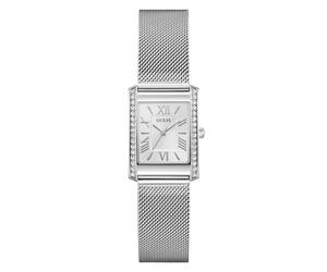 Quarzuhr GUESS "BONNET", silberfarben, weiß, Armbanduhren, Damen, Quarzuhr, Armbanduhr, Damenuhr, Edelstahlarmband, analog (28184364-0) silberfarben, weiß