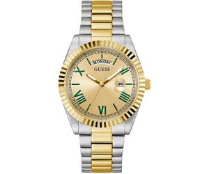Quarzuhr GUESS "CONNOISSEUR", gold (silbergoldfarben), Armbanduhren, Herren, Quarzuhr, Armbanduhr, Herrenuhr, Datum, Wochentag, Edelstahlarmband (88951800-0) silbergoldfarben