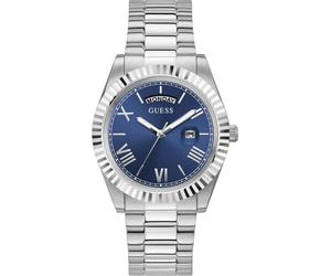 Quarzuhr GUESS "CONNOISSEUR", silber (silberfarben, blau), Armbanduhren, Herren, Quarzuhr, Armbanduhr, Herrenuhr, Datum, Wochentag, Edelstahlarmband (50331566-0) silberfarben, blau