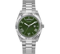 Quarzuhr GUESS "CONNOISSEUR", silber (silberfarben, olivgrün), Armbanduhren, Herren, Quarzuhr, Armbanduhr, Herrenuhr, Datum, Wochentag, Edelstahlarmband (25942622-0)