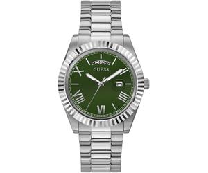 Quarzuhr GUESS "CONNOISSEUR", silber (silberfarben, olivgrün), Armbanduhren, Herren, Quarzuhr, Armbanduhr, Herrenuhr, Datum, Wochentag, Edelstahlarmband (25942622-0) silberfarben, olivgrün