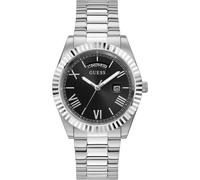 Quarzuhr GUESS "CONNOISSEUR", silber (silberfarben, schwarz), Armbanduhren, Herren, Quarzuhr, Armbanduhr, Herrenuhr, Datum, Wochentag, Edelstahlarmband (12134814-0) silberfarben, schwarz