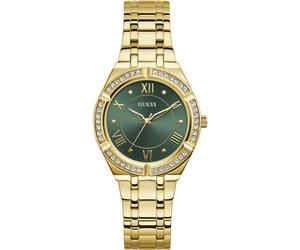 Quarzuhr GUESS "COSMO", gold (goldfarben, dunkelgrün), Armbanduhren, Damen, Quarzuhr, Armbanduhr, Damenuhr, analog, Kristallsteine, Edelstahlarmband (34271428-0) goldfarben, dunkelgrün