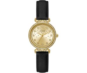 Quarzuhr GUESS "ENCHANTMENT", schwarz, Armbanduhren, Damen, Quarzuhr, Armbanduhr, Damenuhr, Kristallsteine, Mineralglas, Lederarmband (97647754-0) schwarz