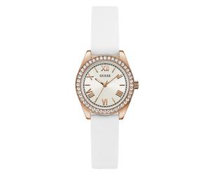 Quarzuhr GUESS "GUESS-MINI LUNA GLITZ", weiß, Armbanduhren, Damen, Quarzuhr, Armbanduhr, Damenuhr, Silikonarmband, analog (10391424-0) weiß
