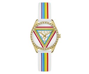 Quarzuhr GUESS "JOY", bunt, goldfarben, Armbanduhren, Damen, Quarzuhr, Armbanduhr, Damenuhr, Silikonarmband, analog (85655135-0) bunt, goldfarben