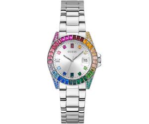 Quarzuhr GUESS "OPALINE", silber (silberfarben), Armbanduhren, Damen, Quarzuhr, Armbanduhr, Damenuhr, Datum, Kristallsteine, Mineralglas, analog (34929215-0) silberfarben