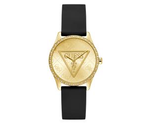 Quarzuhr GUESS "ROXY", schwarz (schwarz, champagnerfarben), Armbanduhren, Damen, Quarzuhr, Armbanduhr, Damenuhr, Silikonarmband, Kristallglas (78447117-0) schwarz, champagnerfarben