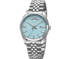 Quarzuhr REGENT, blau (edelstahlfarben, hellblau), Armbanduhren, Herren, Quarzuhr, Armbanduhr, Herrenuhr, Edelstahlarmband, analog, Tag, Wochentag (53846023-0) edelstahlfarben, hellblau