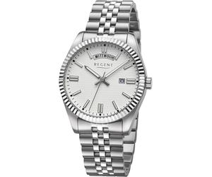Quarzuhr REGENT, edelstahlfarben, weiß, Armbanduhren, Herren, Quarzuhr, Armbanduhr, Herrenuhr, Edelstahlarmband, analog, Tag, Wochentag (31724713-0)