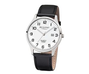 Quarzuhr REGENT, schwarz, Armbanduhren, Herren, Quarzuhr, Armbanduhr, Herrenuhr, Lederarmband, analog, Tag (75399033-0) schwarz