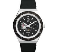 Quarzuhr TIMEX "Q Timex Vintage Inspired NASA", schwarz, Armbanduhren, Herren, Quarzuhr, Armbanduhr, Herrenuhr, Lederarmband, analog, Wochentag, Tag, Mondphase (24714907-0) schwarz