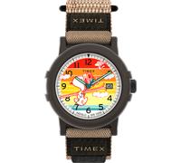 Quarzuhr TIMEX "TIMEX x PEANUTS CAMPER SKI", hellbraun, schwarz, Armbanduhren, Damen, Quarzuhr, Armbanduhr, Herrenuhr, Damenuhr, Textilarmband, Datum, Beleuchtung (68870057-0) hellbraun, schwarz
