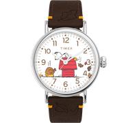Quarzuhr TIMEX "TIMEX x PEANUTS TIMEX WATERBURY", braun (dunkelbraun), Armbanduhren, Damen, Quarzuhr, Armbanduhr, Herrenuhr, Damenuhr, Lederarmband, Leuchtzeiger (46859923-0) dunkelbraun