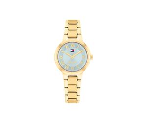 Quarzuhr TOMMY HILFIGER "Becca", goldfarben, hellblau, Armbanduhren, Damen, Quarzuhr, Armbanduhr, Damenuhr, Edelstahlarmband, analog (18212359-0) goldfarben, hellblau