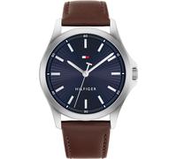 Tommy Hilfiger Bruce Herren-Armbanduhr, Blau und Braun, analog, Edelstahl und Leder, 43 mm, wasserdicht bis 3 ATM, Dornschließe, silber